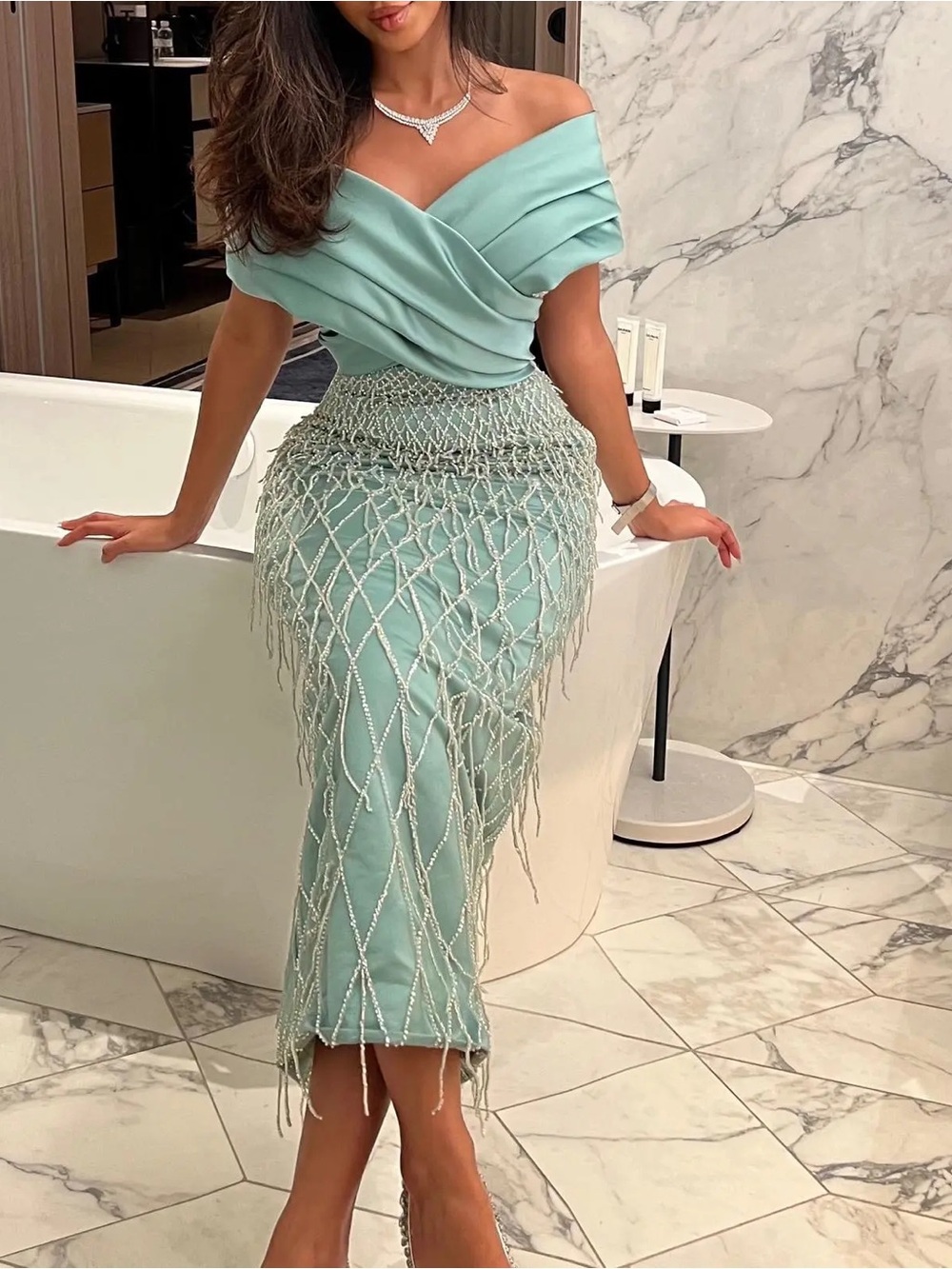 Mint Green Embellished Pencil Dress with Draped Bodice